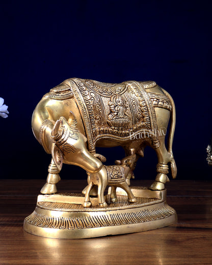 Brass Kamdhenu Cow with Calf Idol – Ganesha & Lakshmi Carvings 7.5 inch