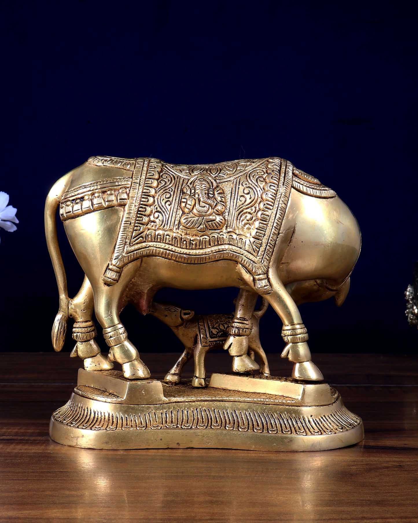 Brass Kamdhenu Cow with Calf Idol – Ganesha & Lakshmi Carvings 7.5 inch