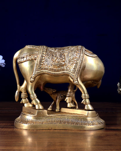 Brass Kamdhenu Cow with Calf Idol – Ganesha & Lakshmi Carvings 7.5 inch