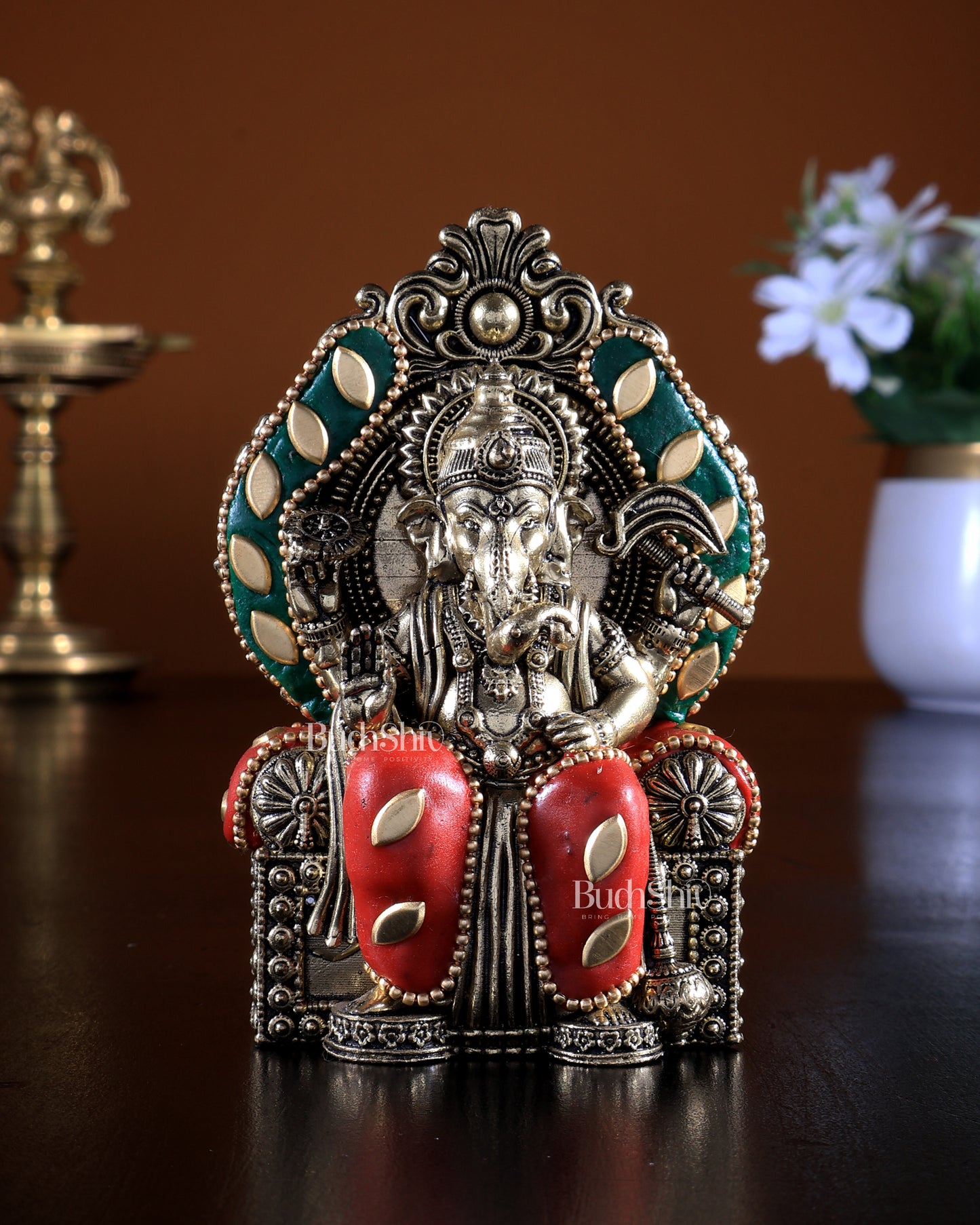 Pure Brass Superfine Lord Ganesha as Lalbaugcha Raja - 3.8" meenakari