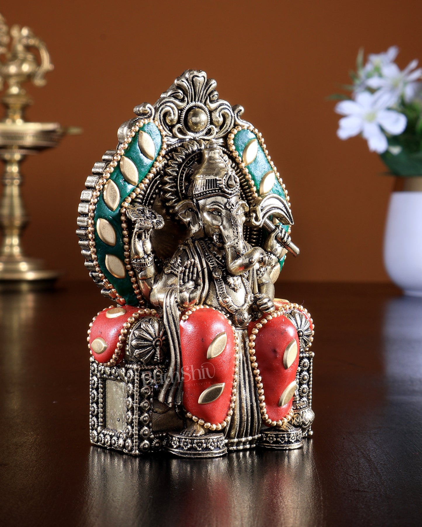 Pure Brass Superfine Lord Ganesha as Lalbaugcha Raja - 3.8" meenakari