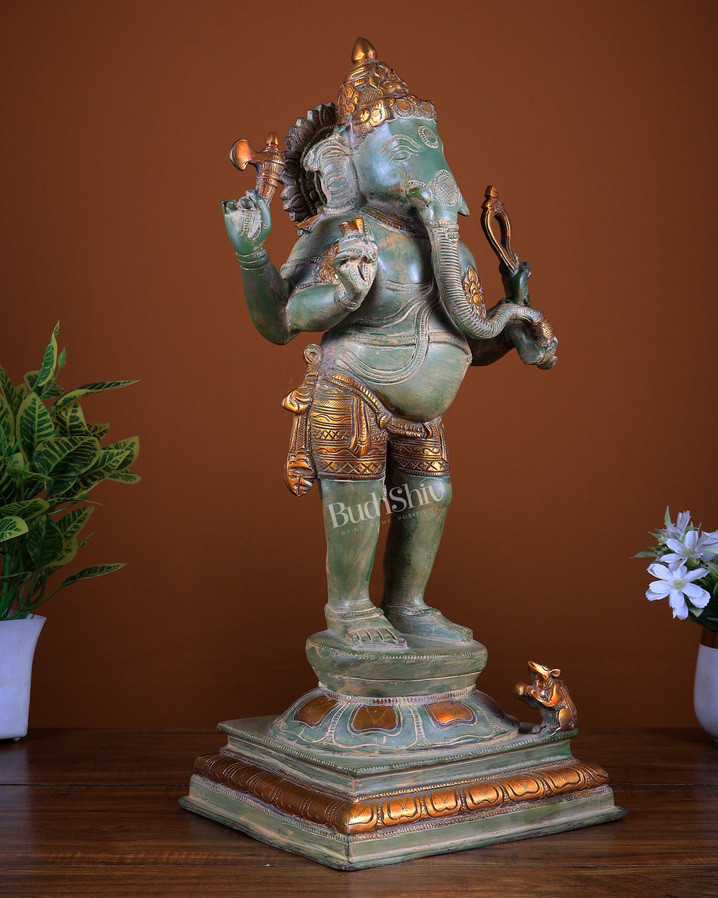Brass Lord Ganesha standing Statue - 20 Inches | Green patina