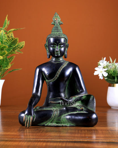 Brass Enlightened Buddha Statue – Bhoomi Sparsha Mudra (Black & Green Tone) 11 inch