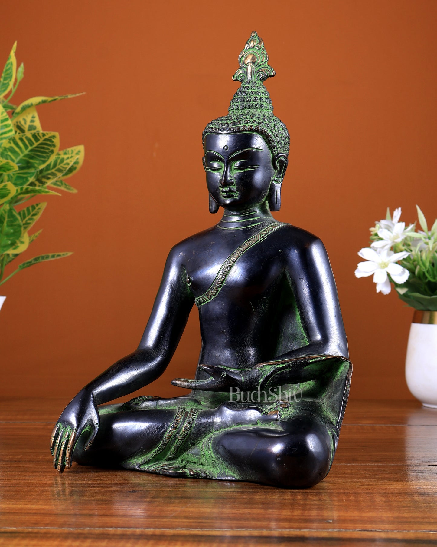 Brass Enlightened Buddha Statue – Bhoomi Sparsha Mudra (Black & Green Tone) 11 inch