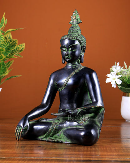 Brass Enlightened Buddha Statue – Bhoomi Sparsha Mudra (Black & Green Tone) 11 inch