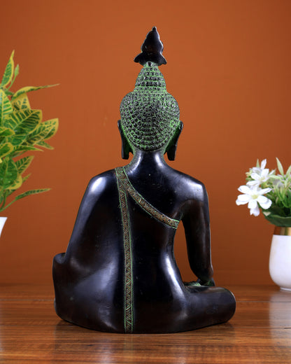 Brass Enlightened Buddha Statue – Bhoomi Sparsha Mudra (Black & Green Tone) 11 inch