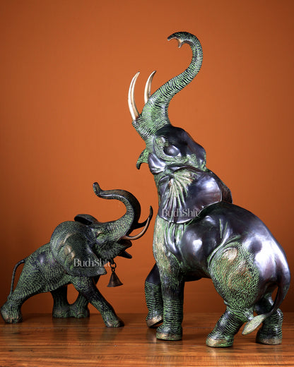 Brass Pair of Mother & Baby African Elephants – Vintage Artefact Showpiece 28.5 inch