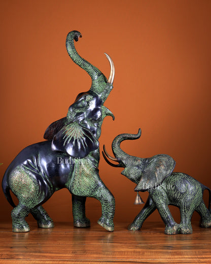 Brass Pair of Mother & Baby African Elephants – Vintage Artefact Showpiece 28.5 inch