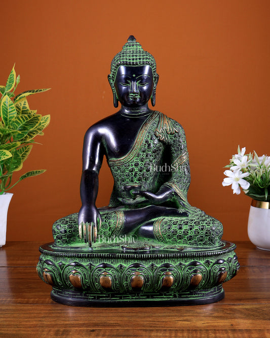 Pure Brass Buddha Sculpture - 13" black and green tone
