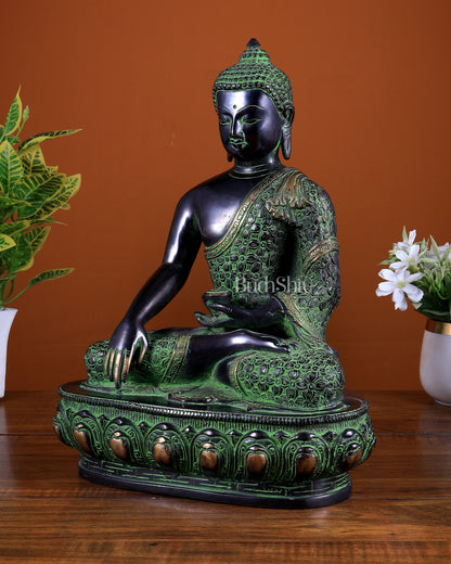 Pure Brass Buddha Sculpture - 13" black and green tone