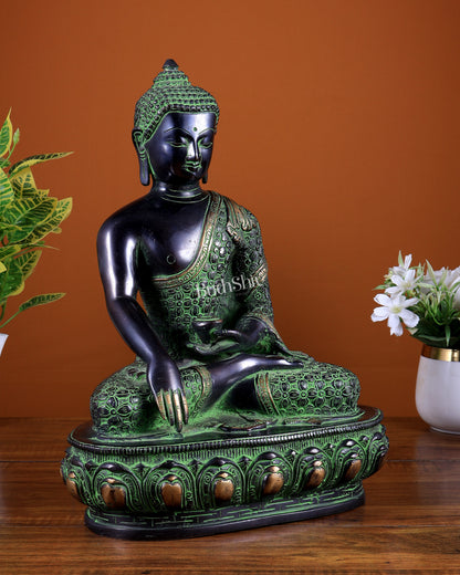 Pure Brass Buddha Sculpture - 13" black and green tone