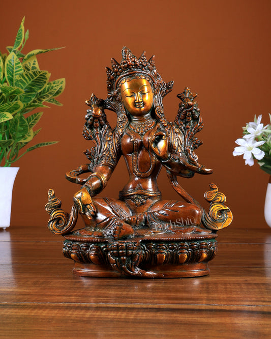 Brass Green Tara Statue Nepalese Orange Tone Buddhist Idol 9 inch