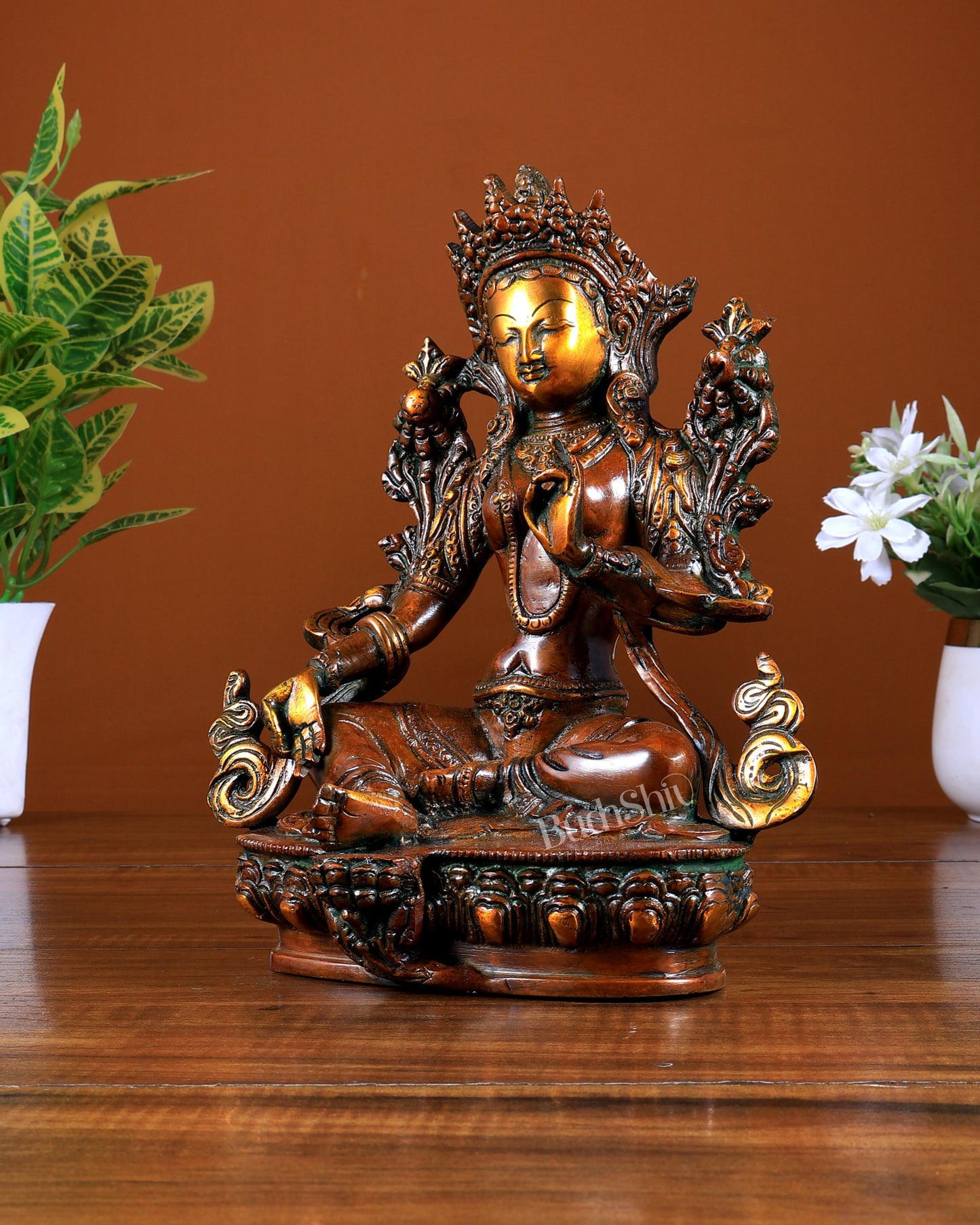 Brass Green Tara Statue Nepalese Orange Tone Buddhist Idol 9 inch