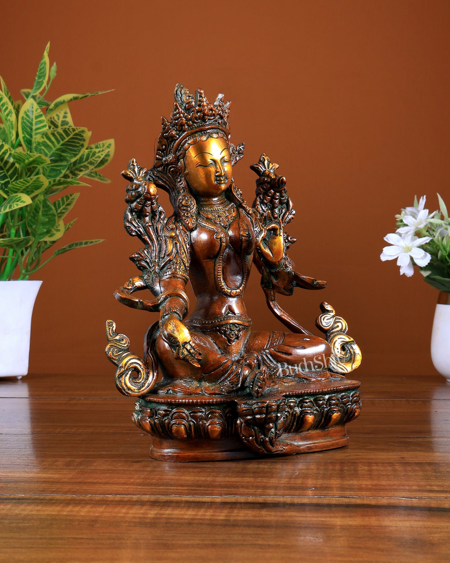 Brass Green Tara Statue Nepalese Orange Tone Buddhist Idol 9 inch