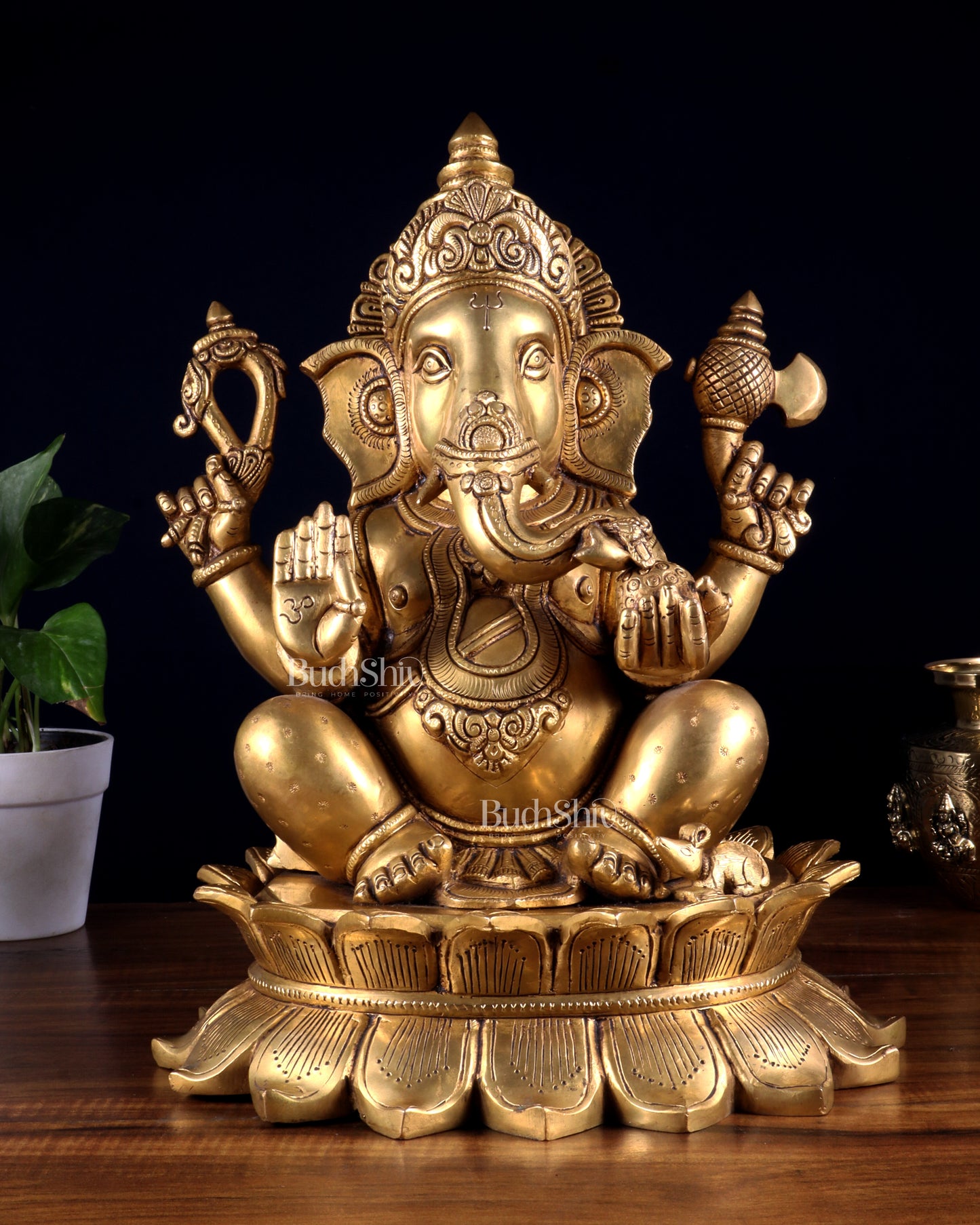 Brass Lord Ganesha Statue on Lotus Base 14 inch