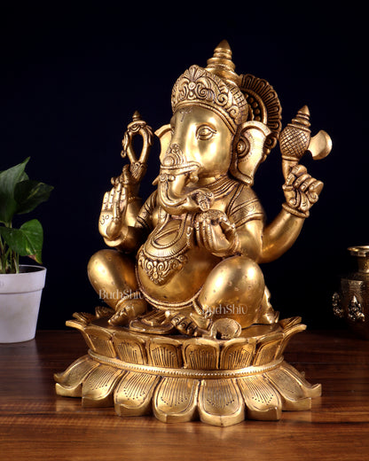 Brass Lord Ganesha Statue on Lotus Base 14 inch