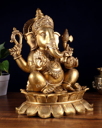 Brass Lord Ganesha Statue on Lotus Base 14 inch