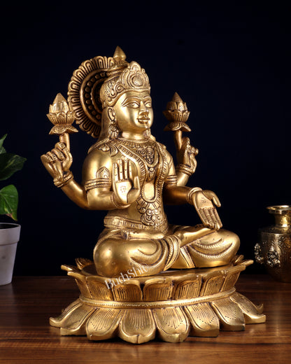 Brass Goddess Lakshmi Statue on Lotus Base – Sacred Prosperity Artefact 14 inch