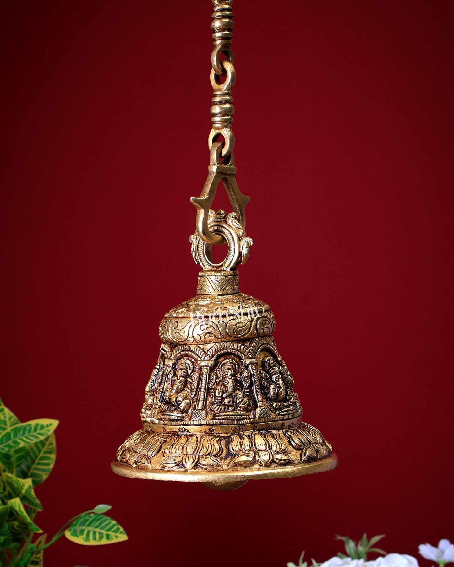 Brass Handcrafted Ganesha Design Hanging Temple Bell with Lotus Motifs