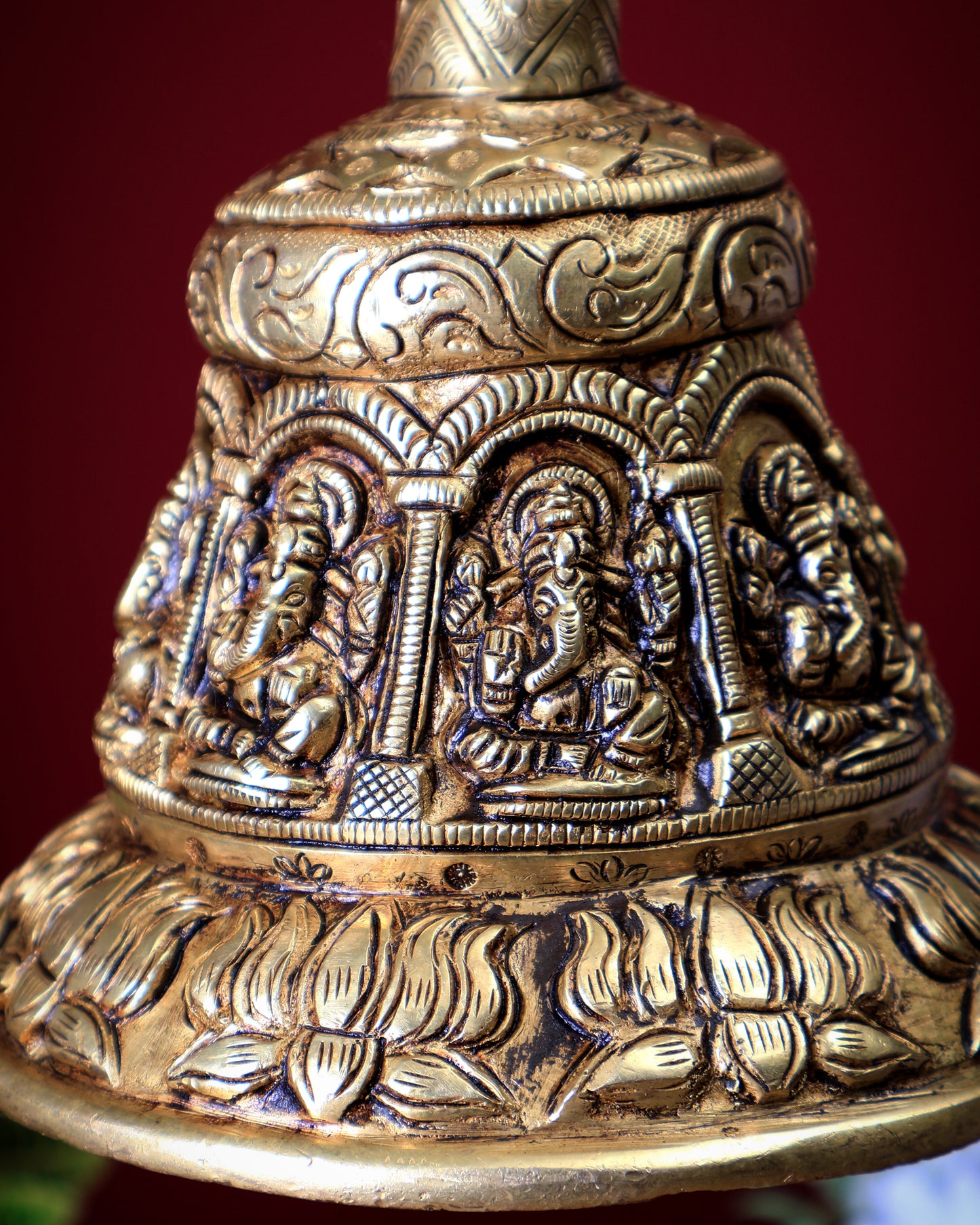 Brass Handcrafted Ganesha Design Hanging Temple Bell with Lotus Motifs