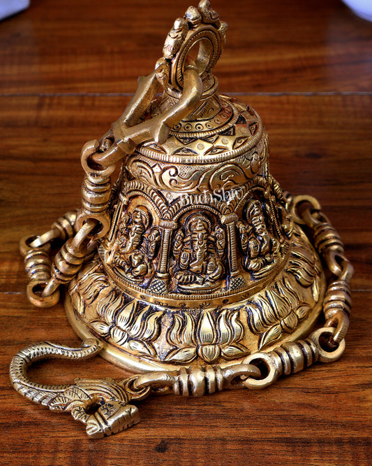 Brass Handcrafted Ganesha Design Hanging Temple Bell with Lotus Motifs
