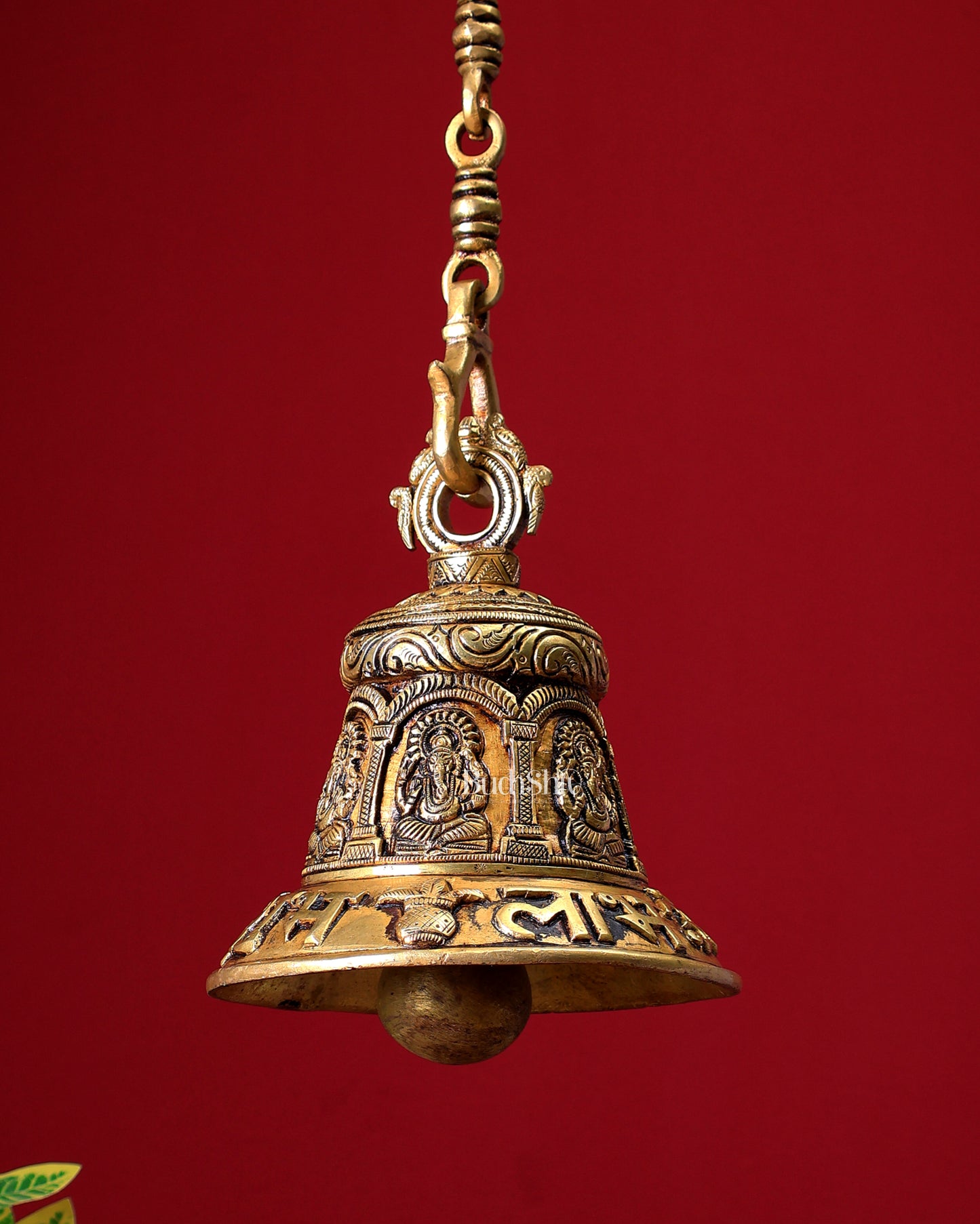Brass Handcrafted Ganesha Hanging Temple Bell with Shubh Labh Carvings