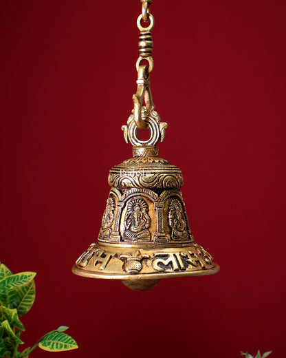 Brass Handcrafted Ganesha Hanging Temple Bell with Shubh Labh Carvings
