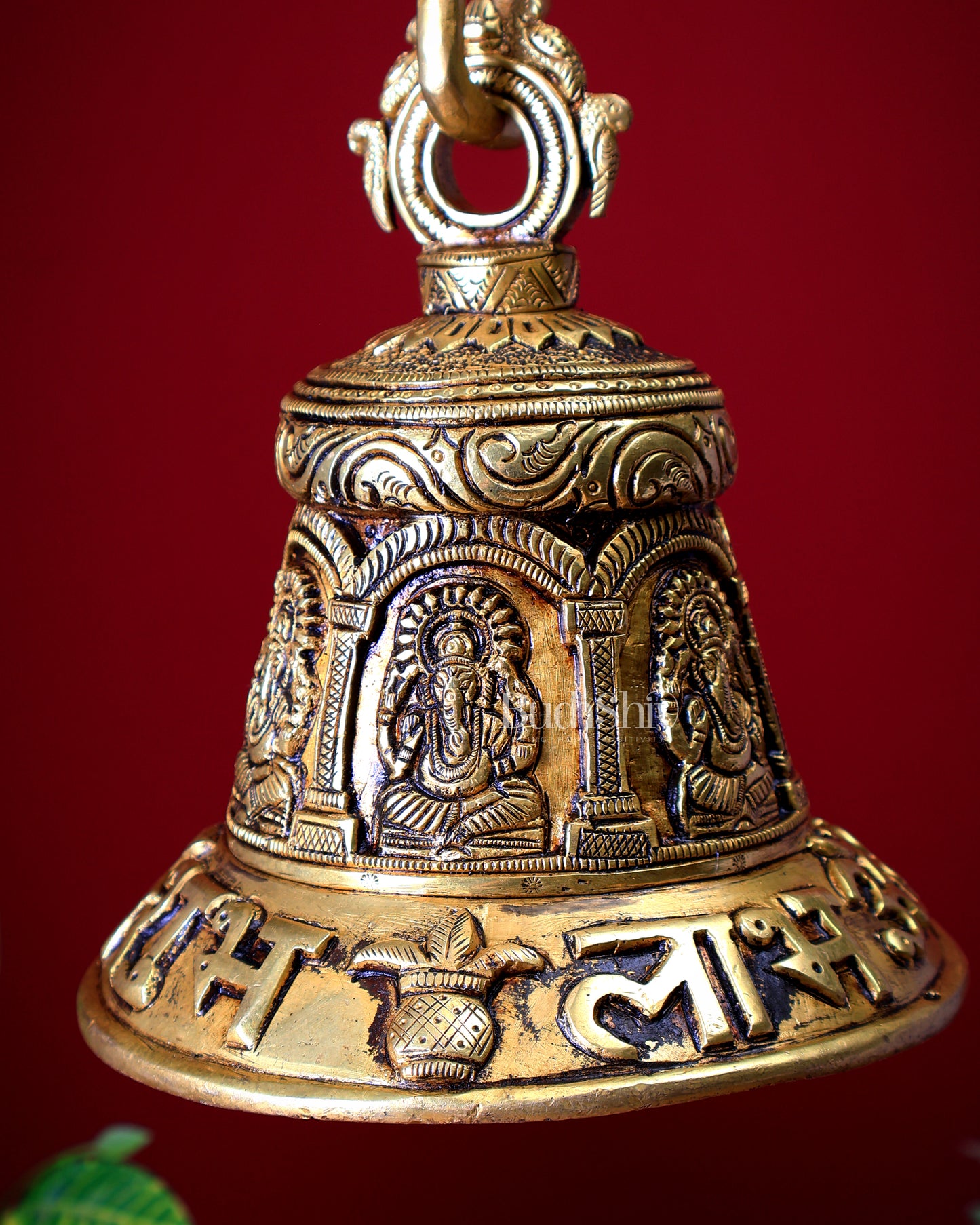 Brass Handcrafted Ganesha Hanging Temple Bell with Shubh Labh Carvings
