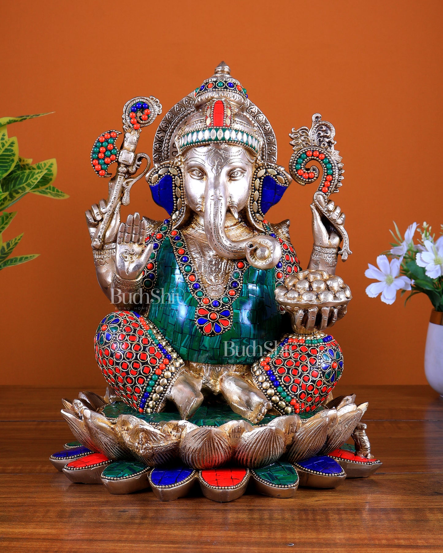 Pure Brass Ganesha Idol Seated on Lotus 12 inch with Stonework
