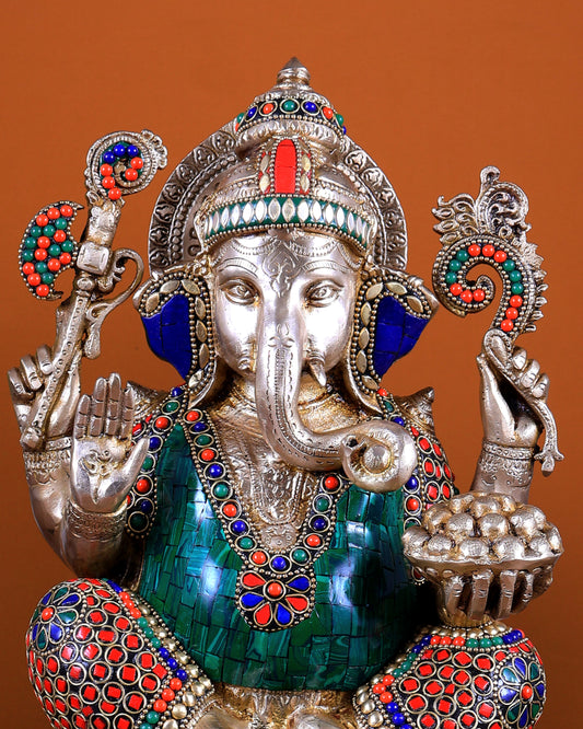 Pure Brass Ganesha Idol Seated on Lotus 12 inch with Stonework