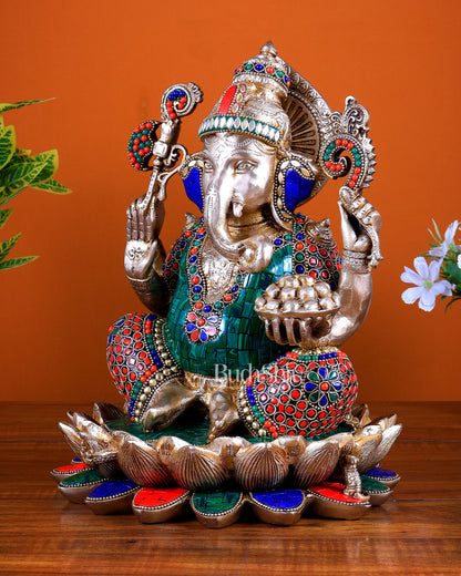 Pure Brass Ganesha Idol Seated on Lotus 12 inch with Stonework