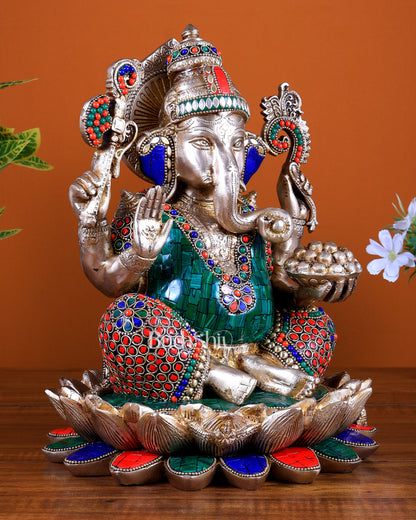 Pure Brass Ganesha Idol Seated on Lotus 12 inch with Stonework