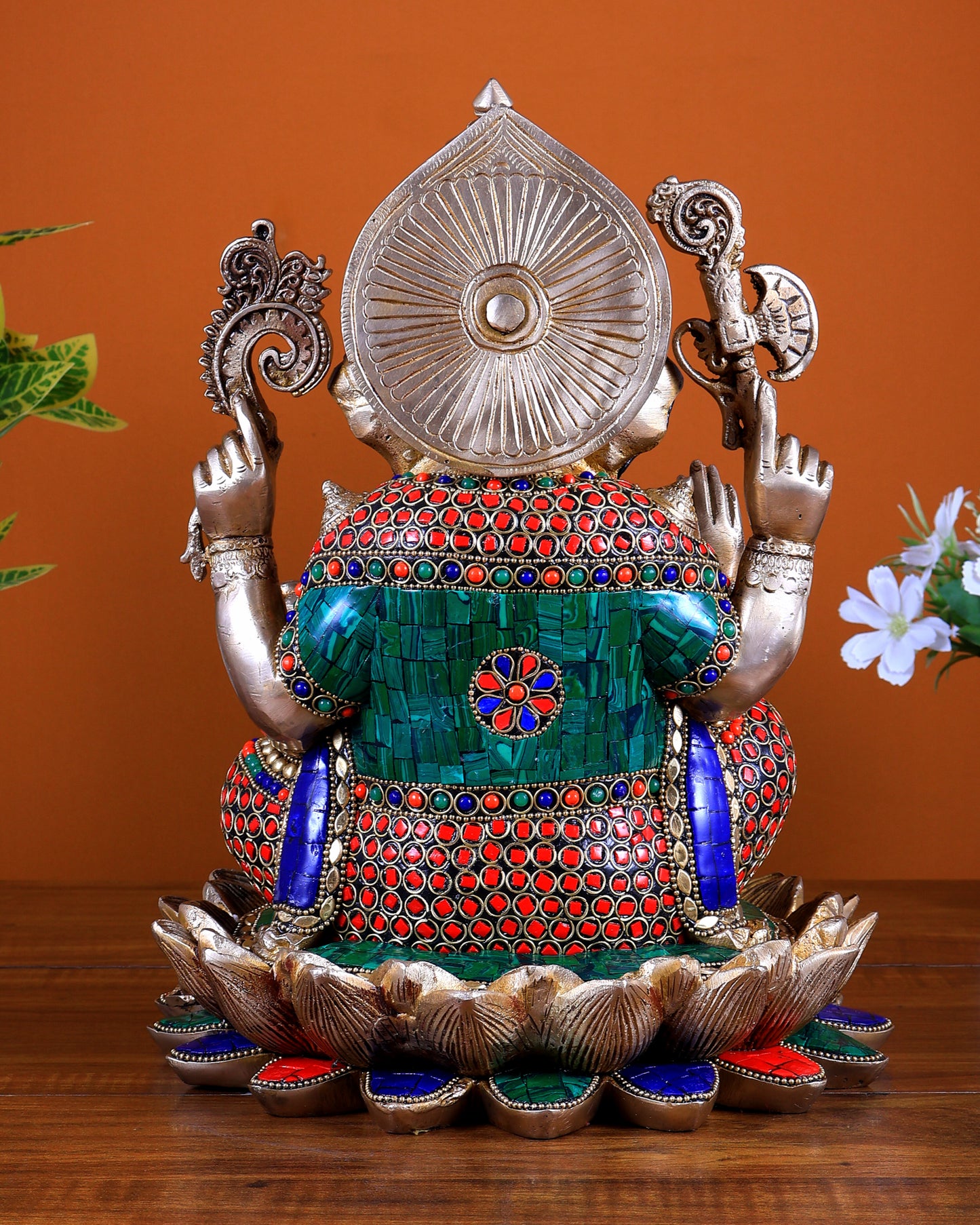 Pure Brass Ganesha Idol Seated on Lotus 12 inch with Stonework
