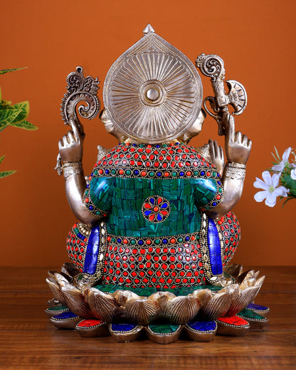 Pure Brass Ganesha Idol Seated on Lotus 12 inch with Stonework