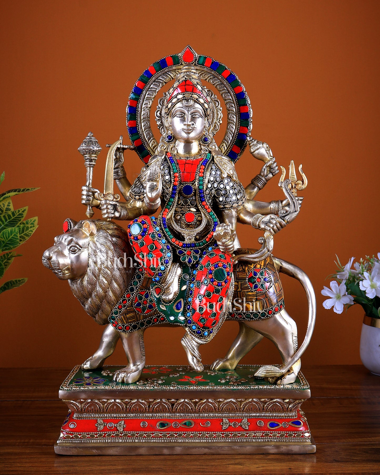 Brass Durga Statue with Stonework 18 inch