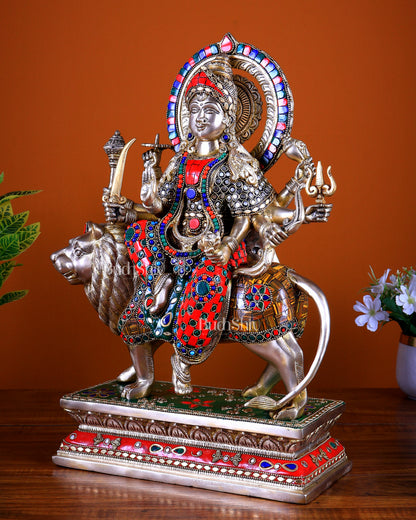 Brass Durga Statue with Stonework 18 inch