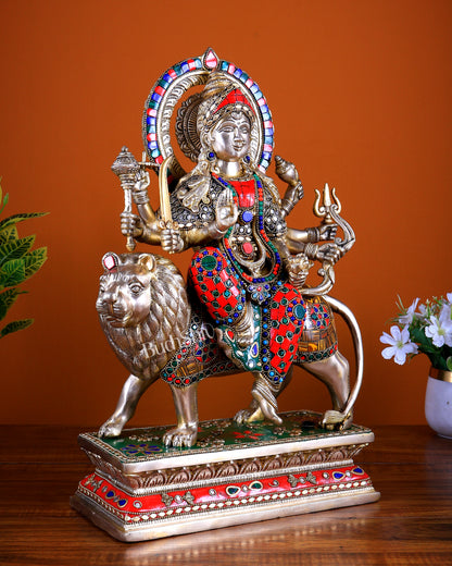 Brass Durga Statue with Stonework 18 inch