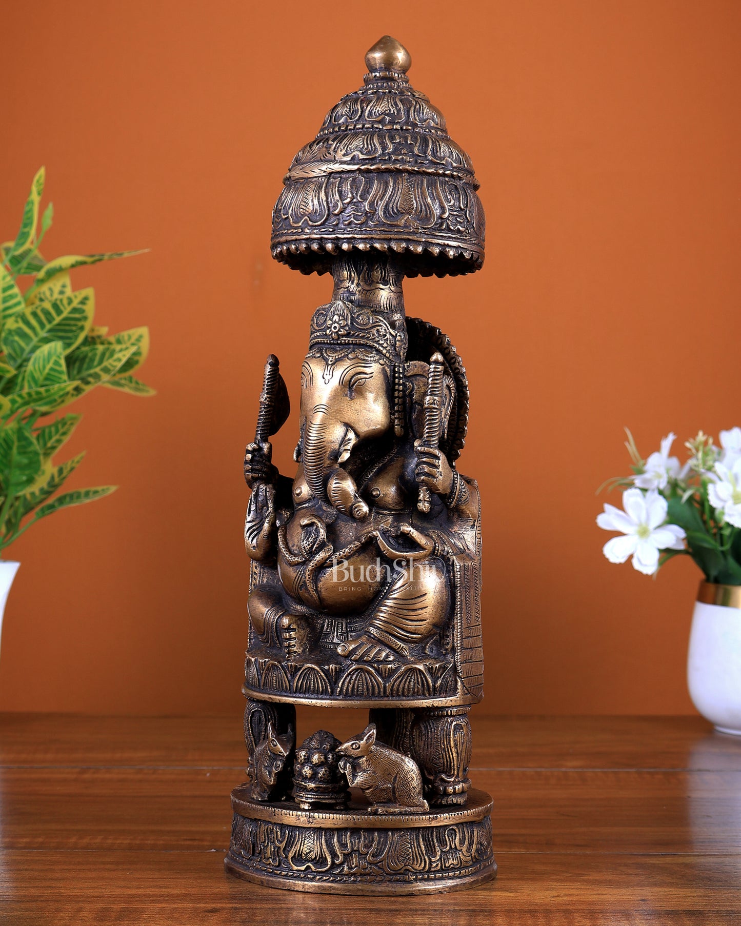 Unique Brass Ganesha Statue with Umbrella Throne – Antique Tone Finish