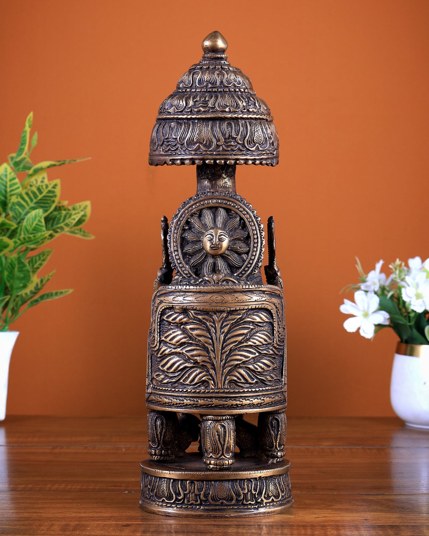 Unique Brass Ganesha Statue with Umbrella Throne – Antique Tone Finish