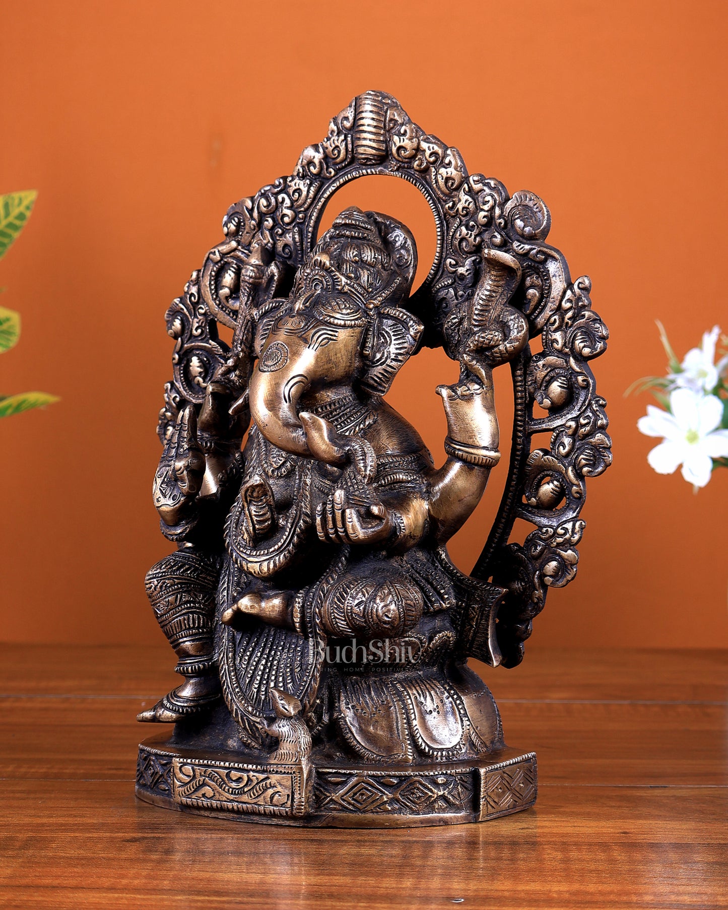 Brass Ganesha Idol with Unique Prabhavali – Antique Tone Finish 9.5 inch