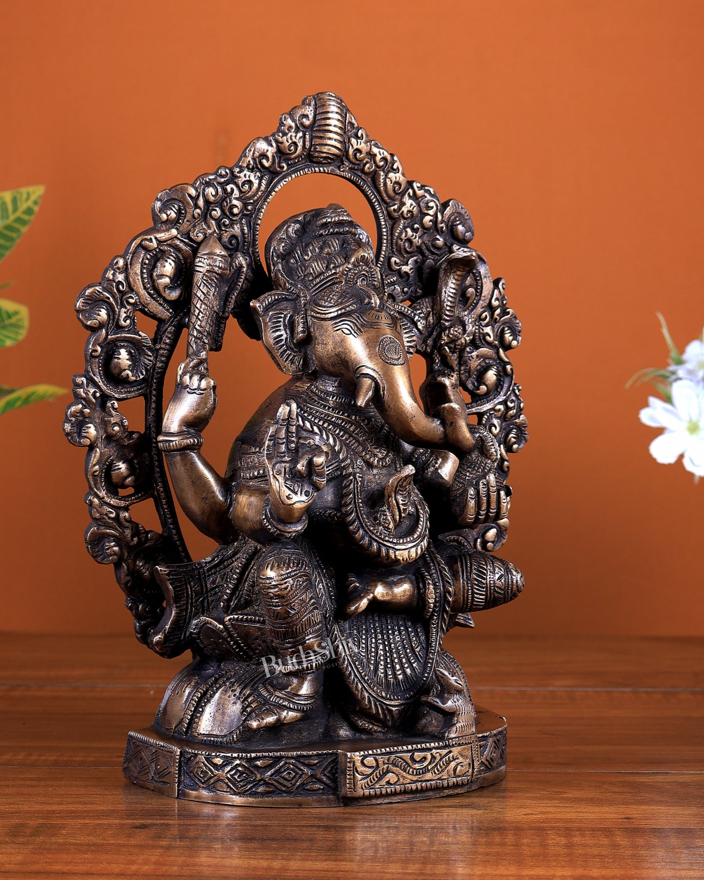 Brass Ganesha Idol with Unique Prabhavali – Antique Tone Finish 9.5 inch