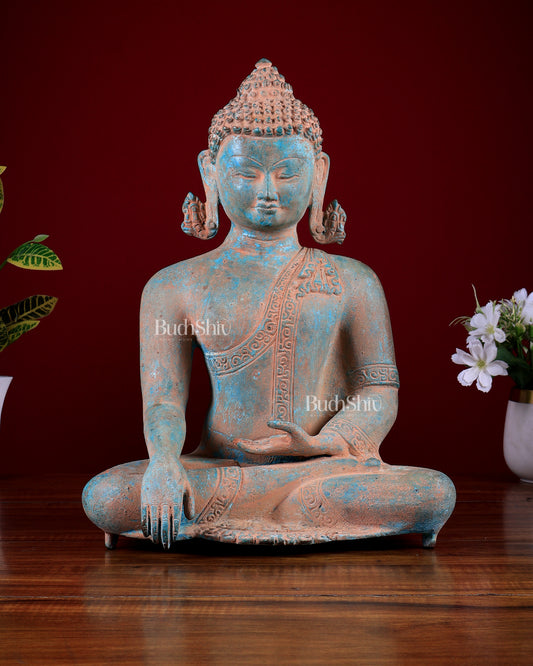 Brass Buddha statue rustic patina | 14 inch