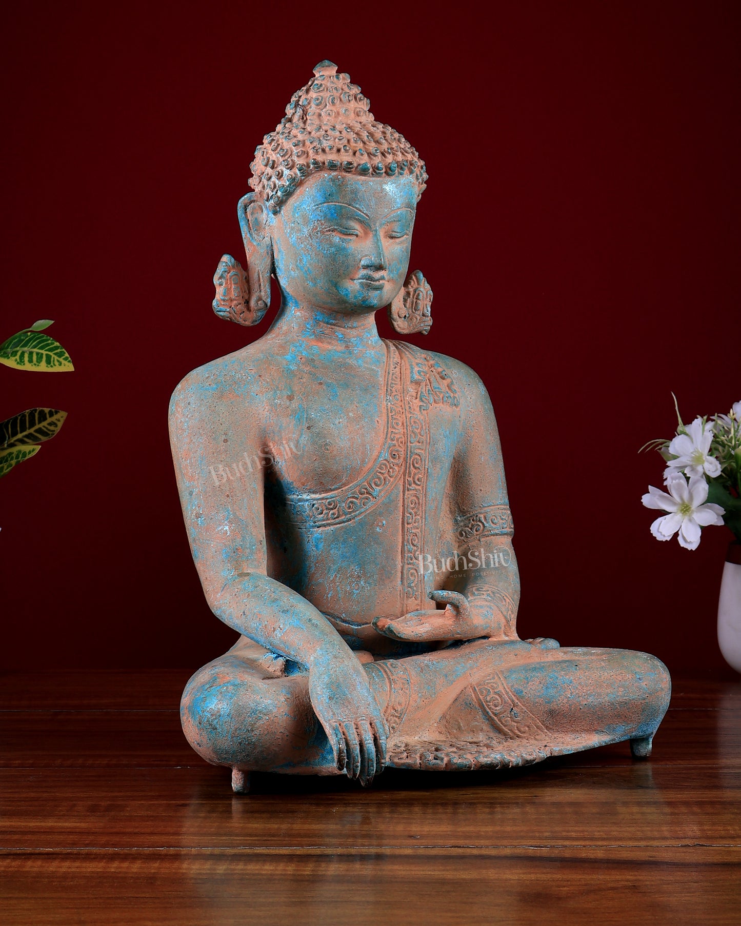 Brass Buddha statue rustic patina | 14 inch