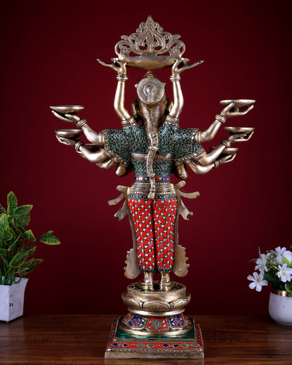 Brass Deep Lakshmi with Ten Hands - 27 inch Stonework