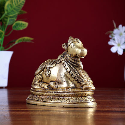 Pure Brass Nandi Statue – Small Size | Natural Brass Tone 5"