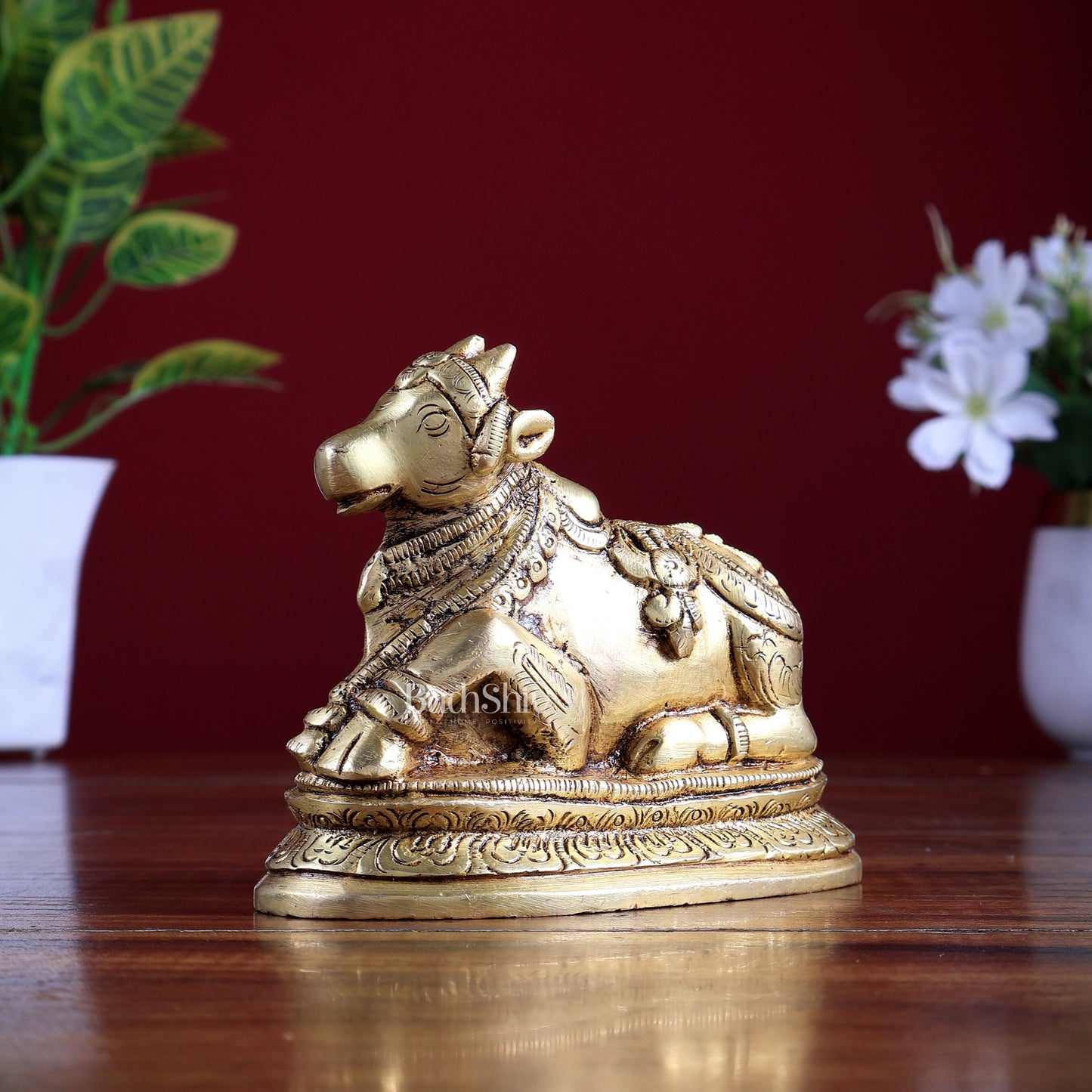 Pure Brass Nandi Statue – Small Size | Natural Brass Tone 5"