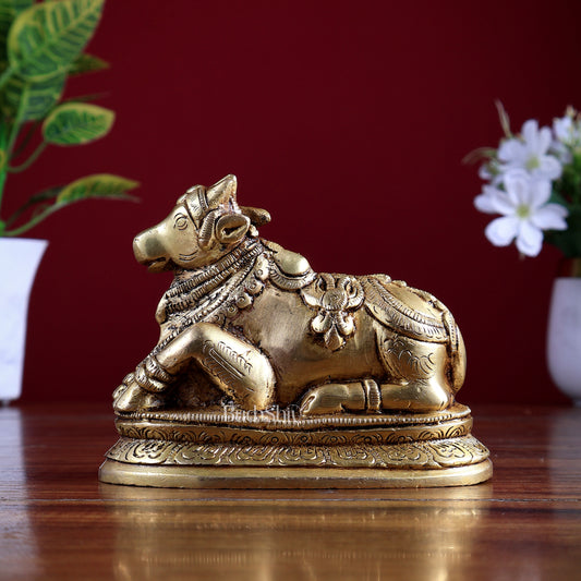 Pure Brass Nandi Statue – Small Size | Natural Brass Tone 5"
