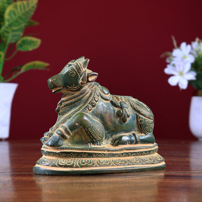 Pure Brass Nandi Statue – Small Size | Henna Green Sand Finish 5"
