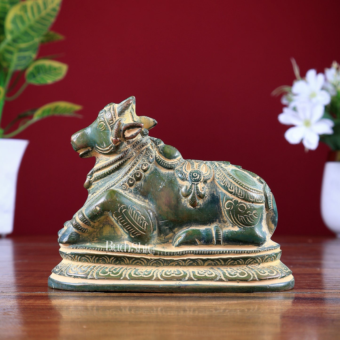 Pure Brass Nandi Statue – Small Size | Henna Green Sand Finish 5"