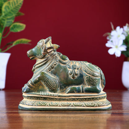 Pure Brass Nandi Statue – Small Size | Henna Green Sand Finish 5"